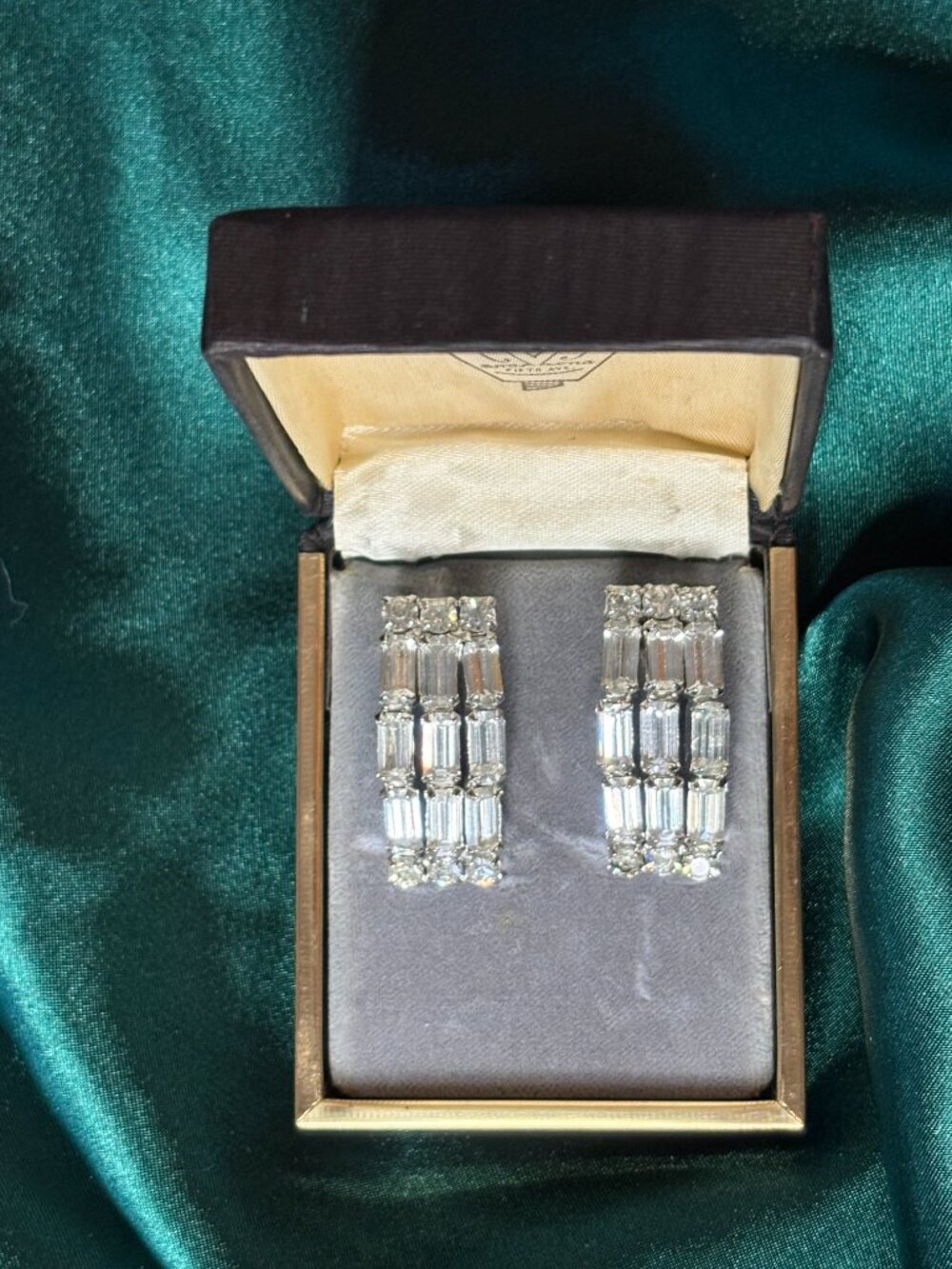 Saks Fifth Ave Rhinestone Clip-On Earrings – Emerald Cut Crystal – 1950s Glam -